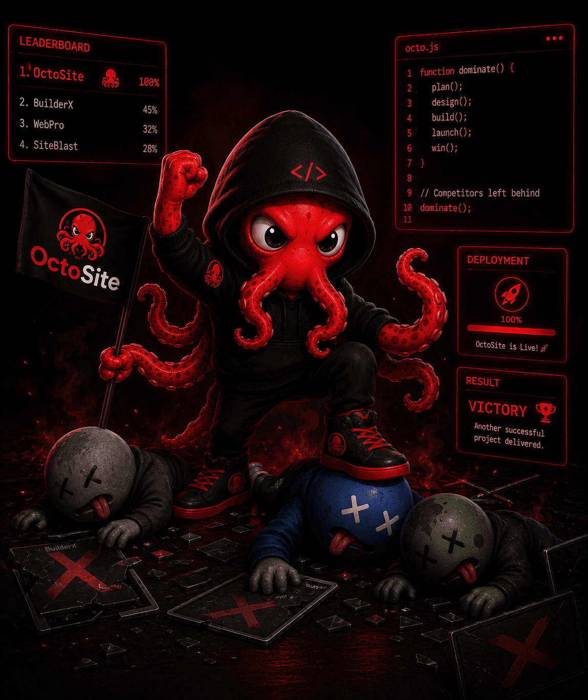 Maskota OctoSite duke festuar dorëzimin me cilësi premium